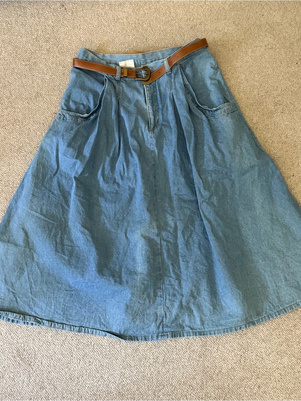 Cherokee Blue Denim A-Line Skirt with Tan Belt